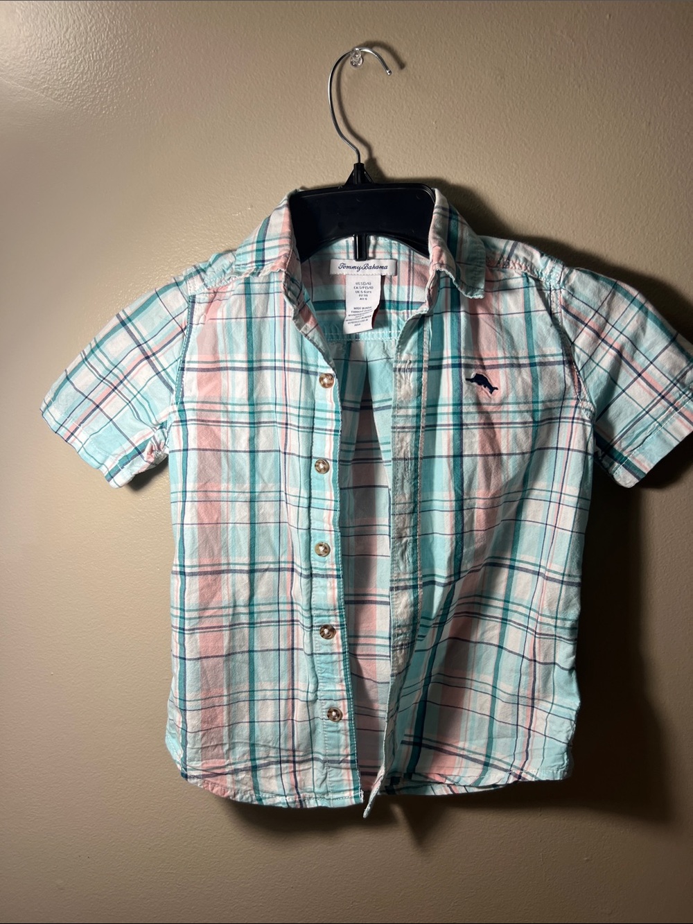 Tommy Bahama Mint and Pink Plaid Short-Sleeve Button-Down Shirt